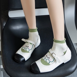 Japanese style cute white cotton socks with green bear embroidery and Mary Jane shoes