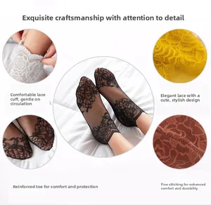 Detailed view of floral lace socks with breathable mesh and reinforced toe structure