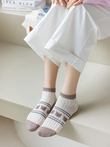 Detail of bamboo fiber mesh ankle socks featuring cartoon bear patterns and contrast trim