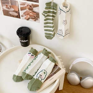 Five pairs of cute Japanese style cotton ankle socks with rabbit and strawberry patterns
