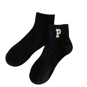 Women's black combed cotton crew socks with beige P letter embroidery and ribbed cuffs