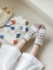 Detail of bamboo fiber mesh socks with cute cartoon bear jacquard and ribbed cuffs
