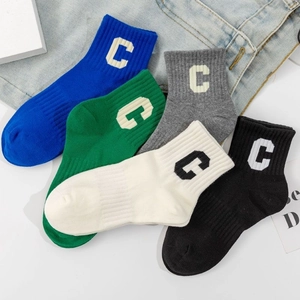 Colorful cotton ankle socks with white C letter embroidery in five vibrant colors