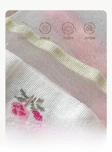 Macro shot of breathable floral mesh socks with pink flowers and yellow striped cuffs