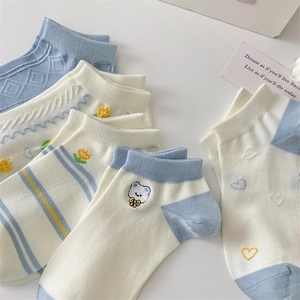 Detail of blue and white cotton ankle socks with cute bear embroidery and stripes