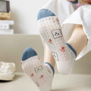 Women's bamboo fiber mesh socks with cute cartoon bear jacquard and contrast heel