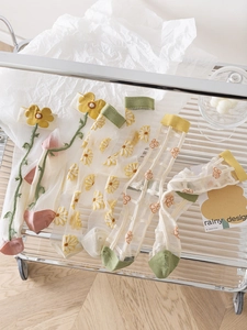 Detailed flat lay of sheer tulip and floral embroidered mesh socks for women