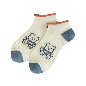 Breathable bamboo fiber ankle socks with cute cartoon bear and scalloped orange cuffs