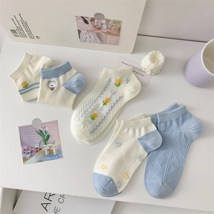 Detail shot of blue embroidered cotton low-cut socks with cute bear and floral patterns