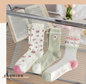 Detail of floral sheer crew socks featuring lace trim and vintage knit patterns