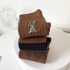 Three-pack cotton crew socks in brown tones featuring knit patterns and rabbit embroidery
