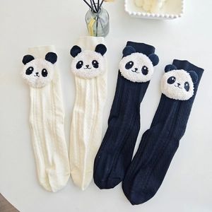 Cute panda plush decor crew socks for kids in navy and cream white soft cotton knit