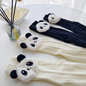 Cute mid-calf knit socks with 3D plush panda dolls in black and beige colors