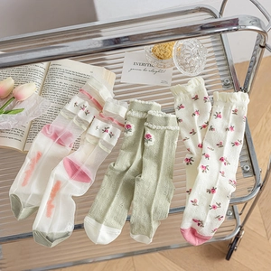 Women Summer Thin Mesh Crew Socks Cotton Cute Floral Embroidery Ruffle Trim Breathable Slouchy Socks Fashion Hosiery