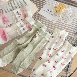 Pastel floral mesh socks for women with lace edges and sweet cottagecore hollow patterns