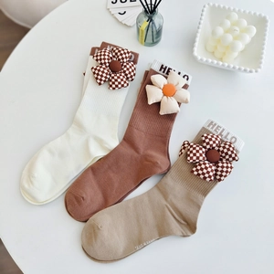 Chaussettes Mi-mollet en Coton Peigné Style Preppy pour Femmes Avec Fleur 3D Lettre HELLO Tricot Côtelé Chaussettes de Sport