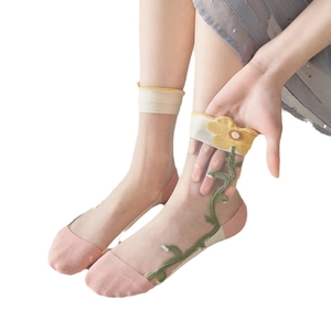 Sheer glass silk tulip socks with pink heels and floral embroidery details