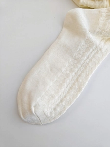 Detailed view of cream knit socks featuring a soft vertical ribbed texture and fine cotton weave