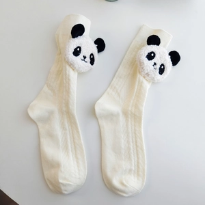 Off-white ribbed mid-calf cotton socks featuring 3D plush panda head ornaments