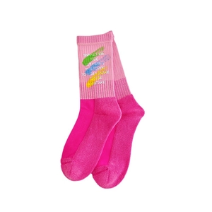 Pink and magenta contrast mid-calf socks with colorful embroidered warning typography