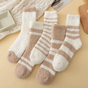 Cozy striped coral fleece thermal socks in a four-pair set for home comfort