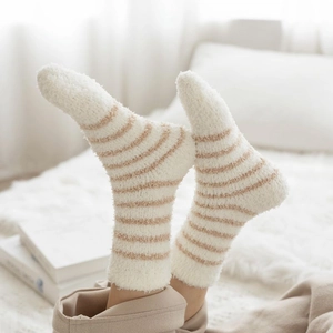 Thick coral fleece striped socks for women in beige and light brown for winter warmth