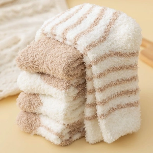 Thick coral fleece striped winter socks in beige and brown for cozy home warmth