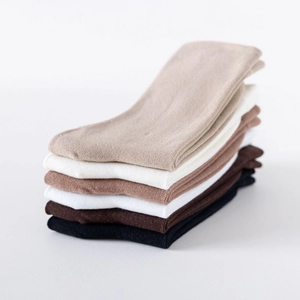 Japanese style solid cotton slouch socks in six earthy tones including beige and black