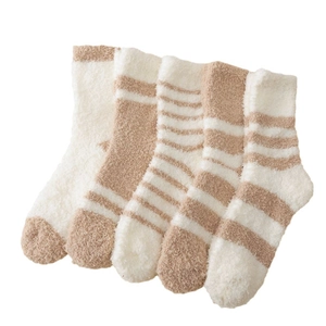 Set of 5 pairs soft coral fleece winter socks in beige, brown and striped patterns