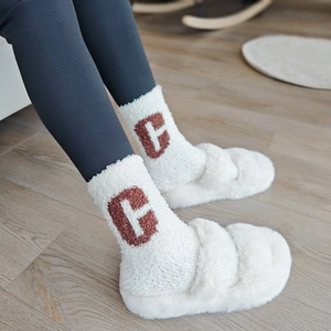 Unisex Winter Warm Coral Fleece Plush Letter Mid-Calf Socks Thickened Sleep Socks Indoor Home Floor Socks Acetate Fiber