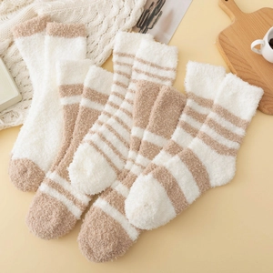 Women Coral Fleece Thickened Warm Sleep Socks Japanese Style Striped Patchwork Fuzzy Crew Socks Home Floor Soft Socks