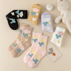 Thick coral fleece crew socks with cute cloud patterns in six assorted colors