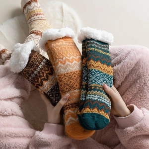 Detail of winter sherpa-lined knit socks with Fair Isle patterns and anti-slip soles