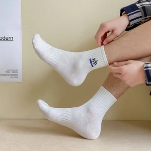 Detail of white cotton crew sock featuring blue mountain and DREAM embroidery