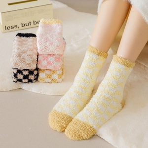 Thick coral fleece socks with checkerboard pattern for winter warmth and comfort