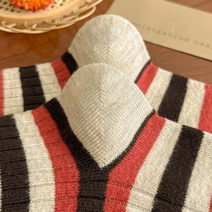 Macro shot of striped knit socks detailing the thick texture and reinforced heel structure