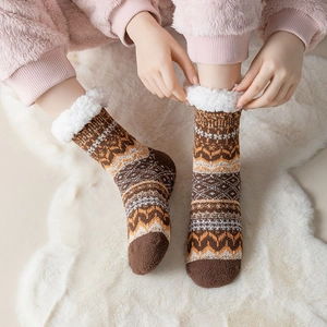 Detail of warm lamb wool lining and Fair Isle pattern on thick winter thermal socks