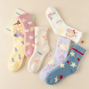 Thick coral fleece socks for women featuring cute star and heart patterns in 6 pastel colors