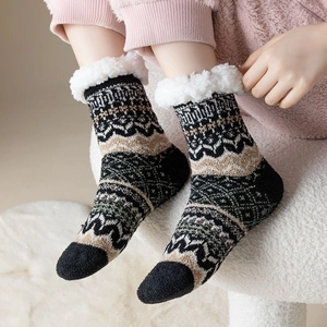 Detail of Fair Isle pattern knit socks with thick sherpa lining for winter warmth