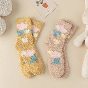 Thick coral fleece mid-calf socks with cute patterns in ginger yellow and oatmeal