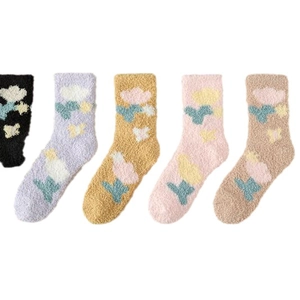 Warm coral fleece socks for women featuring cute tulip patterns in five soft colors
