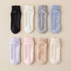 Women Coral Fleece Anti-Slip Socks Warm Thick Polyester Indoor Home Floor Socks With Dotted Bottom Solid Color For Sleeping