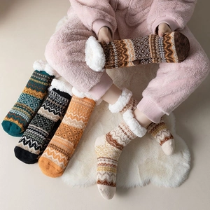 Women Winter Thick Warm Sherpa Lined Floor Socks Ethnic Geometric Jacquard Knit Indoor Sleeping Socks Anti-Slip Socks