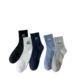 Five pack of men's cotton crew socks with mountain embroidery and DREAM text on white