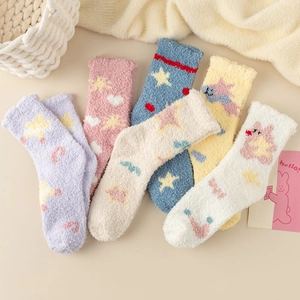 Thick coral fleece socks with cute star and rabbit patterns in five pastel colors