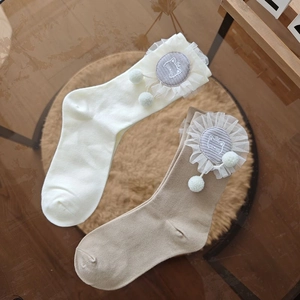 Cute Lolita style mid-calf socks with lace trim and cat embroidery in khaki and white