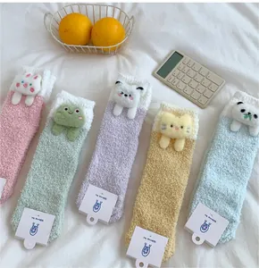 Detailed set of five colorful coral fleece thermal socks with cute 3D animal ear designs