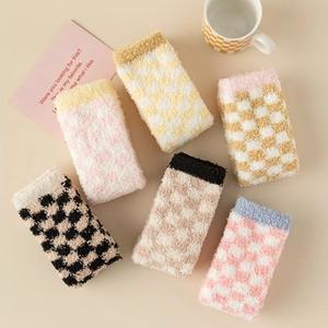 Cozy coral fleece thick socks with checkerboard pattern for winter in 6 diverse colors