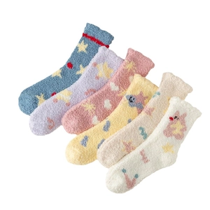 Thick coral fleece home socks for women with cute star and cartoon bear patterns