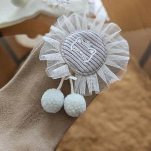 Lolita style khaki knit socks with 3D camellia lace and cute cat plush ball detail